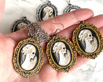 Gothic Victorian Style Skeletal Cameo in Frame Necklace and Earrings - set or individual, various frame colors