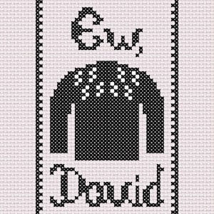 May include: Black and white cross-stitch design of a jumper with the words "Ew, David" in a black frame.