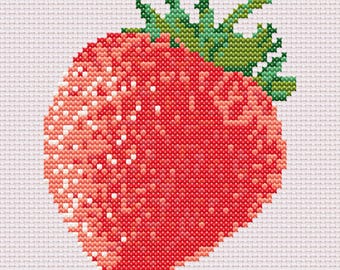 May include: A red and green cross-stitch pattern of a strawberry with a green stem and leaves.