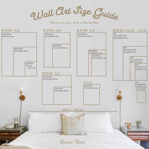 Op de afbeelding: Een gids voor wandkunstmaten op schaal met een queensize bed. De gids bevat verschillende beeldverhoudingen, zoals 4x5, 3x4, 2x3, 2x2,8 en 1x1. De gids bevat ook standaard papierformaten, zoals A1, A2, A3, A4 en A5. De gids is ge&iuml;llustreerd met een queensize bed en een paar decoratieve elementen.