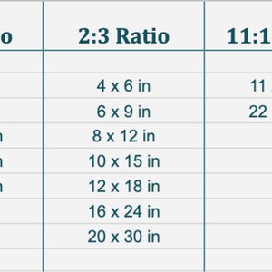 Op de afbeelding: Een tabel met verschillende beeldverhoudingen en hun bijbehorende afmetingen in inches. De verhoudingen zijn 4:5, 3:4, 2:3, 11:14 en 11:17.