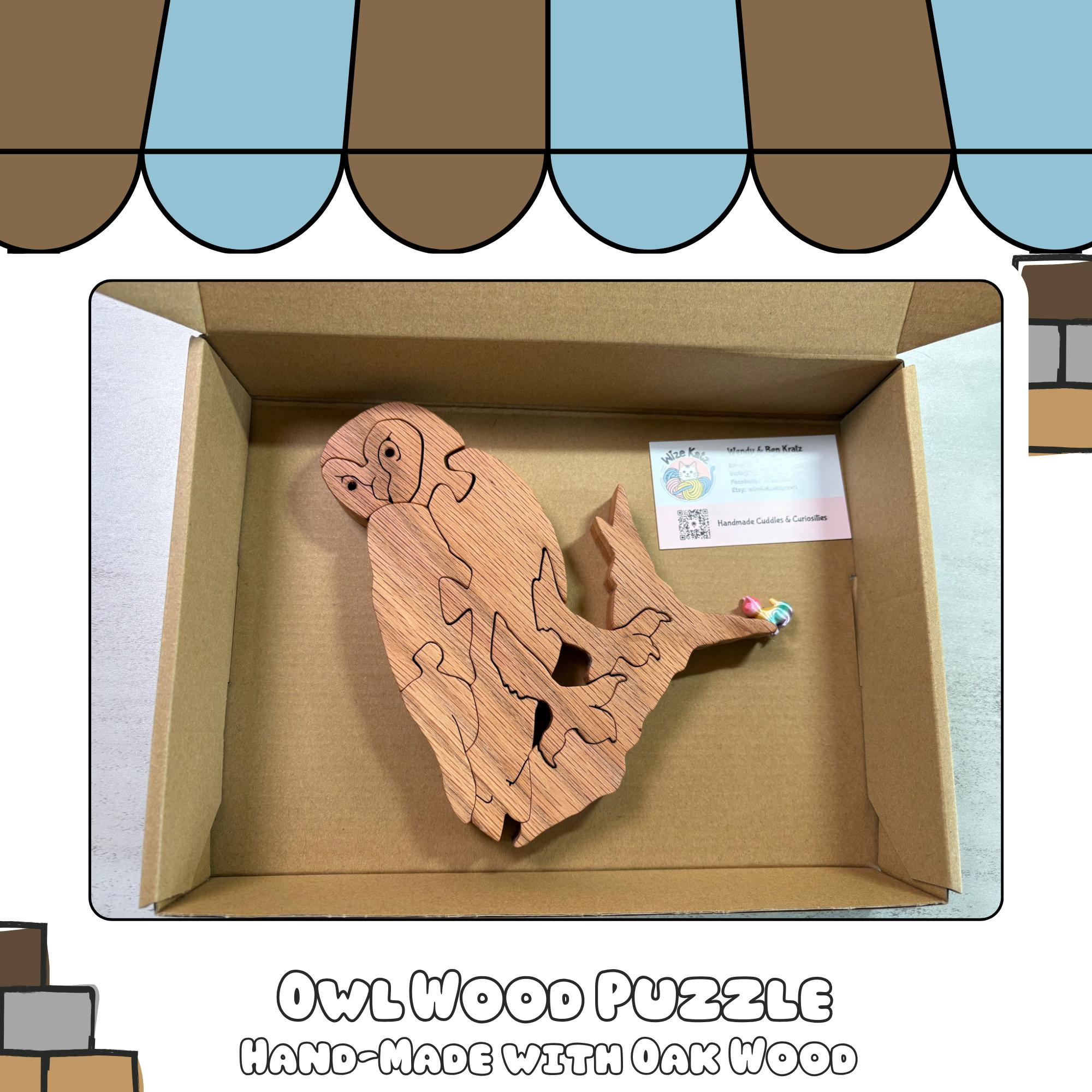 Woodland Owl Decor Gift, Solid Oak Scroll Saw Puzzle, Unique Animal Shelf Sitter