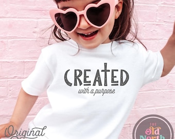 Camiseta "Creado con un propósito", camiseta cristiana para niños, regalo de Jesús y Dios, linda camiseta para la escuela dominical, versículo bíblico, camiseta de fe para niños