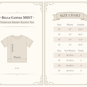 Puede incluir: Una camiseta beige de manga corta para ni&ntilde;os peque&ntilde;os con una tabla de tallas. La tabla enumera las tallas 2T a 5T, con medidas en pulgadas y peso en libras. La camiseta es de Bella + Canvas.