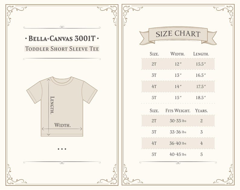 Puede incluir: Una camiseta beige de manga corta para ni&ntilde;os peque&ntilde;os con una tabla de tallas. La tabla enumera las tallas 2T a 5T, con medidas en pulgadas y peso en libras. La camiseta es de Bella + Canvas.