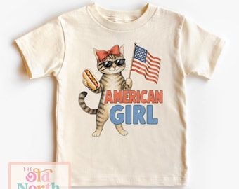 American Girl Shirt, Girls Funny Cat Hot Dog Bow 4th Of July Shirt, Patriotic American Flag Independence Day Tee