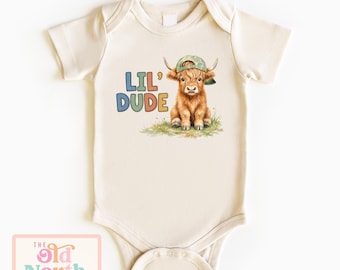 Lil Dude Highland Cow Boy Onesie® Bodysuit For Newborn, New Baby Gift, Farmer Baby Shower Gift, Cute Highland Cow Kids Shirt