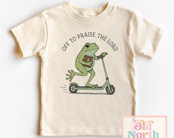 Off To Praise The Lord Shirt, Frog On Scooter Kids Christian Shirt, Cute Jesus Kids Sunday School Shirt, Children's Bible Verse Shirt