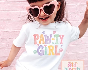 Pawty Girl Shirt, Cat Dog Birthday Girl Shirt, Watercolor Rainbow Pastel Birthday Tee, Cute Girls Birthday Shirt