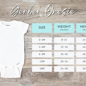 Puede incluir: Un body Gerber blanco con una tabla de tallas para beb&eacute;s. La tabla enumera tallas de 0-3 meses a 18 meses, con pesos correspondientes en libras y alturas en pulgadas. El texto "Gerber Onesie" est&aacute; en la parte superior.