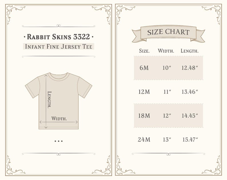 Puede incluir: Una camiseta de beb&eacute; de fino punto de color beige con una tabla de tallas. La tabla de tallas muestra medidas para las tallas 6M, 12M, 18M y 24M, con anchos que van de 25,4 cm a 33,02 cm y largos de 31,7 cm a 39,3 cm.
