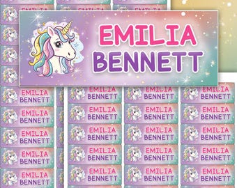 Etiquetas personalizadas de unicornio para niños / Impermeables, aptas para lavavajillas, útiles escolares, pegatinas / Etiquetas personalizadas / 2,5 x 6,6 cm
