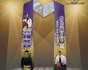 May include: Purple and gold graduation stole with a silver sash. The stole features a basketball player, the text "Class of 2025", and the name "Xavier Walker". The other side of the stole features the text "Thibodaux High School Senior" and a tiger mascot.