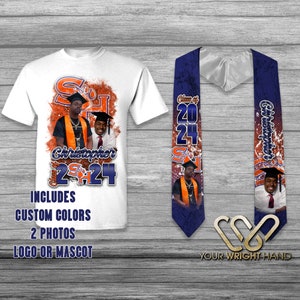 May include: White t-shirt with a blue and orange graphic of a school mascot and the text "Christopher Class of 2024". The t-shirt includes two photos of graduates. The text "Includes Custom Colors 2 Photos Logo or Mascot" is printed below the graphic.