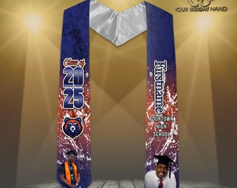 May include: A blue and red graduation stole with a white satin sash. The stole features a bear mascot, the text "Class of 2025", and a white splatter paint design. The other side of the stole has the text "Firstname", "Yourtown High School", and a white splatter paint design.