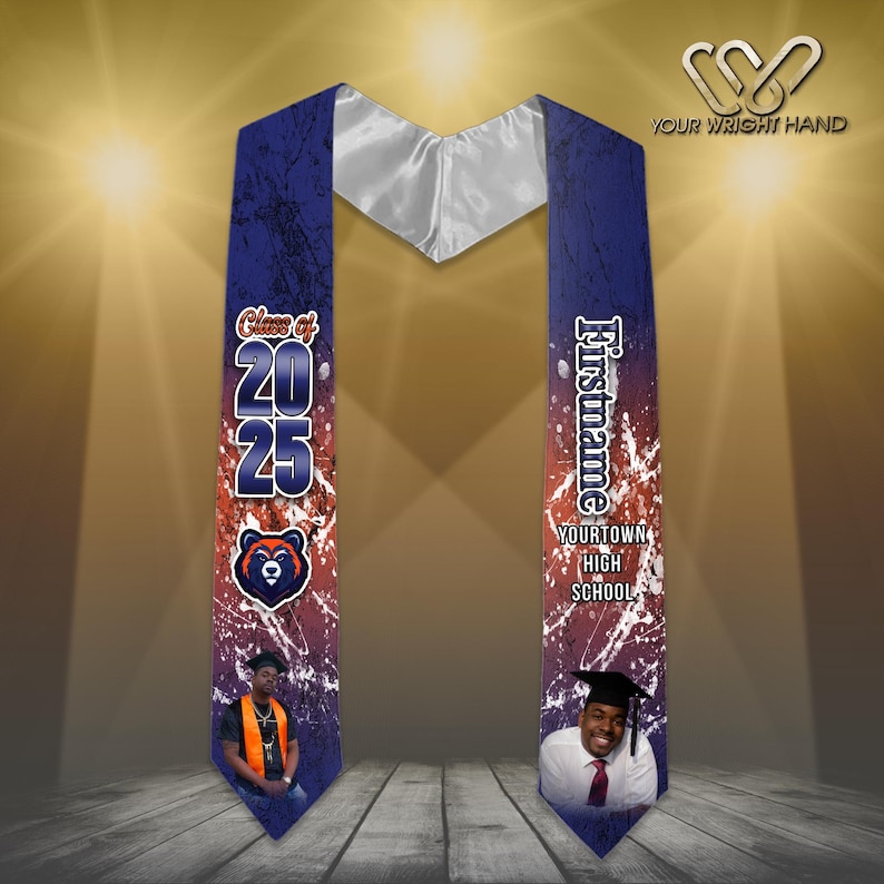 May include: A blue and red graduation stole with a white satin sash. The stole features a bear mascot, the text "Class of 2025", and a white splatter paint design. The other side of the stole has the text "Firstname", "Yourtown High School", and a white splatter paint design.