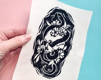 Skull with Snake Block Printed, Sew-on Patch