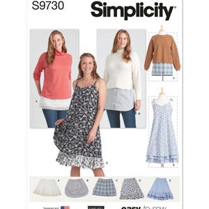 May include: Simplicity sewing pattern S9730. The image shows a variety of clothing items, including a red turtleneck, a white sweater, a brown sweater, and two dresses. The pattern includes the text "easy-to-sew". Designed and printed in USA.