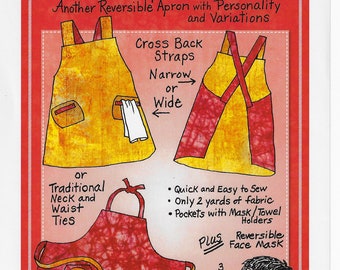 New From Mary Mulari's Apron Pattern , Viola Apron Pattern, Reversible apron with variations, plus face mask pattern, Free US Shipping
