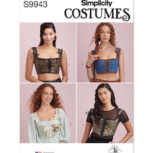 May include: Simplicity Costumes pattern S9943. The image shows four costume top designs: a leopard print, denim with brown trim, a light blue top with floral accents, and a black top with floral print and mesh sleeves. The pattern is designed and printed in the USA.