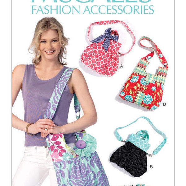 McCalls 7418 Shoulder Bags with Decorative Accents Sewing Pattern, New Uncut, Finished sizes given in line art picture