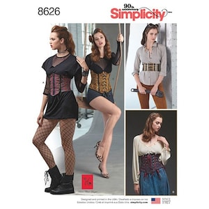 May include: Simplicity sewing pattern featuring various corset designs. The pattern includes a black dress with a red plaid corset, a leopard print corset, and a blue skirt with a burgundy corset. The image includes the text "Simplicity" and "Since 1927".