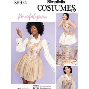 May include: Simplicity Costumes pattern S9974 features a Madalynne design. The image showcases a costume with a floral bodice, a white blouse, and a beige skirt. The pattern includes multiple views and a QR code for a sew-along tutorial.