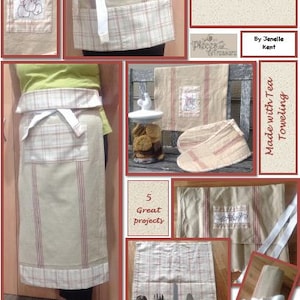 May include: Five kitchen projects made with tea toweling fabric. The projects include an apron, a set of pot holders, a cutlery roll, a placemat, and a tea towel. The projects are all in a beige and red plaid pattern with white accents. The projects are labeled "Bon Appetit" and "Pieces of Treasures".