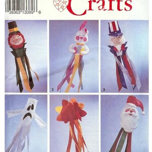 May include: A Simplicity Crafts sewing pattern for making six different windsock designs. The designs include a leprechaun, a bunny rabbit, Uncle Sam, a ghost, a flower, and Santa Claus. The pattern is for one size.