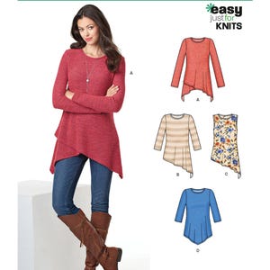 May include: A woman wearing a red long-sleeve tunic with a layered asymmetrical hemline, paired with blue jeans and brown knee-high boots. The image also shows sewing pattern designs for various knit tops.