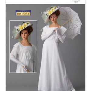 May include: A white vintage dress pattern by Butterick. The pattern features a long white dress with a square neckline, long white gloves, and a wide-brimmed hat adorned with yellow flowers. The image also includes a white lace parasol.