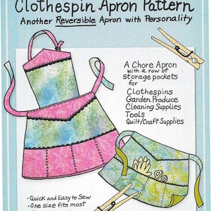 May include: A pink and green reversible apron pattern with a row of pockets for clothespins, garden produce, cleaning supplies, tools, and quilt/craft supplies. The pattern includes two tie methods for full aprons, fabric layers and yokes to support weight in pockets.  "Quick and Easy to Sew", "One size fits most", "Great for gifts", "Reversible with two fabrics to match wearer's interests & personality", "www.marymulari.com"