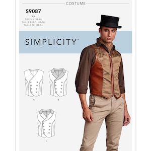 May include: Simplicity costume pattern S9087. The image shows a man wearing a brown vest with a plaid pattern and leather accents, a black top hat, and tan pants. The pattern includes vest designs and sizing information.