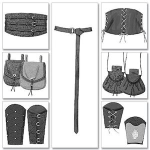 May include: A set of nine leather accessories for a medieval or renaissance costume. The set includes a belt, a sash, two pouches, two arm guards, and a corset.