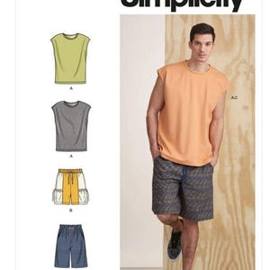 May include: Simplicity sewing pattern S9314 for sleeveless tops and shorts. The pattern includes three different styles of tops: a light green top, a gray top, and a peach top. The pattern also includes three different styles of shorts: a pair of yellow and white shorts, a pair of blue and white shorts, and a pair of blue shorts.