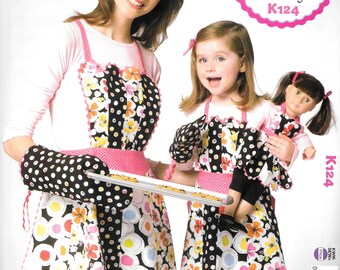 Kwik Sew 124 Made To Match Misses, Girls, and Doll Apron, and Oven Mitt, New non-cut Sewing Pattern