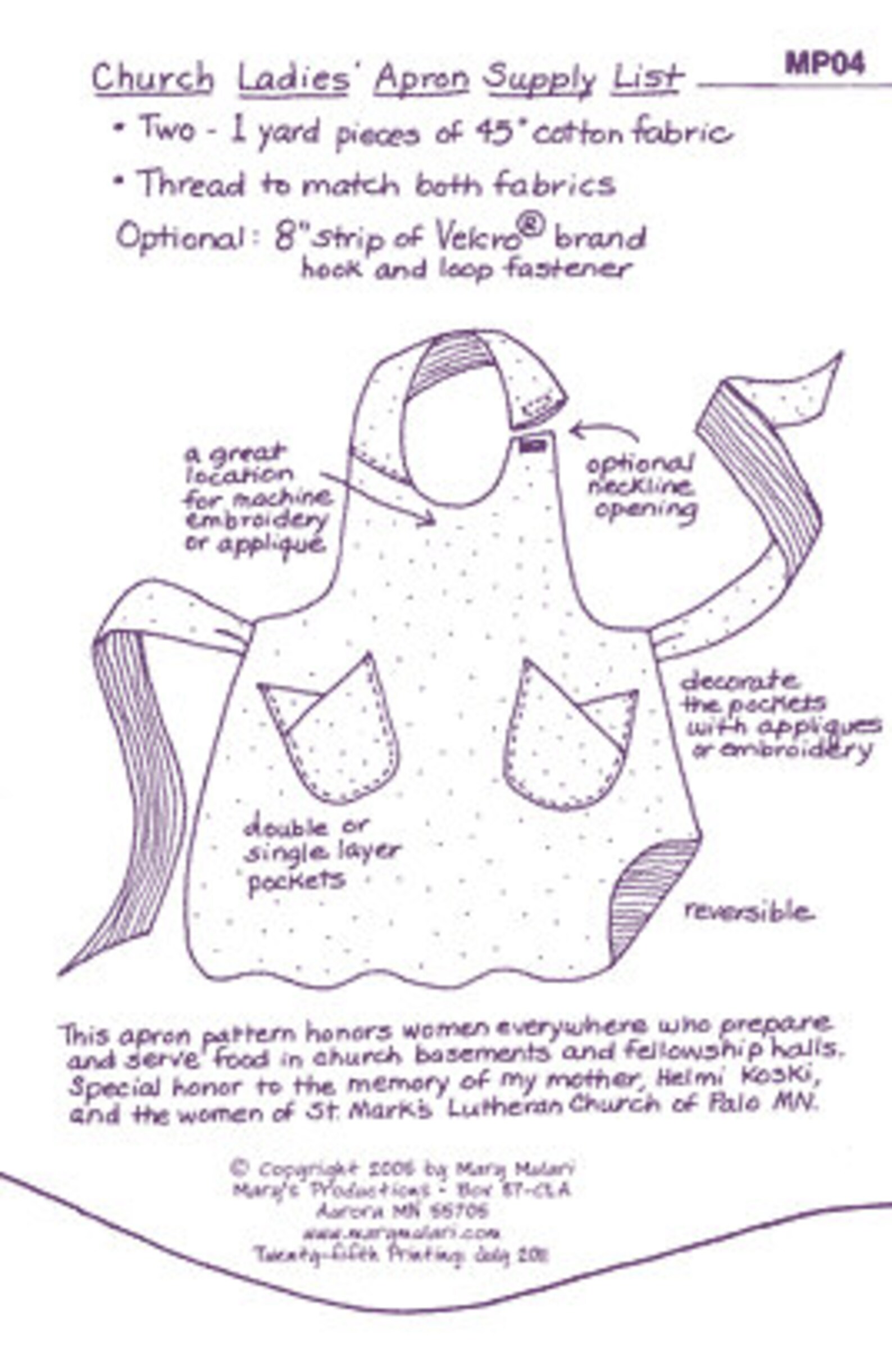 Mary Mularis' Church Ladies Apron Pattern, New Uncut Apron Pattern, - Etsy