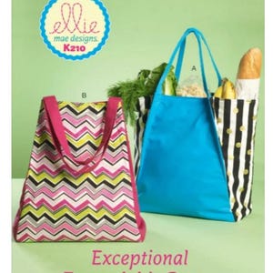May include: Two expandable tote bags. The bag on the left has a pink, green, and black chevron pattern. The bag on the right has a solid blue front and a black and white striped back with gold polka dots. The bags are labeled A and B. The text "Exceptional Expandable Bags" is at the bottom of the image.