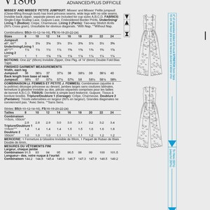 以下が含まれることがあります： プリンセスシーム、ワイドレッグ、目に見えないバックジッパーを備えた、ミセスとミセスプチのジャンプスーツの縫製パターン。生地の要件と完成した衣服の測定値をセンチメートルで含みます。
