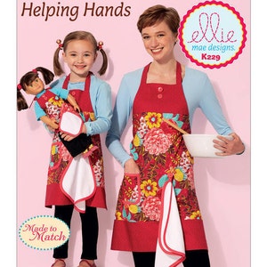 Kwik Sew 0229 Misses', Girls' and 18" Doll Aprons with Detachable Towel, Ellie Mae Designs K229 New Uncut Sewing Pattern, Made to match