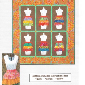 May include: A quilt pattern for an apron with a colorful, layered skirt. The pattern includes instructions for a quilt, apron, and pillow. The pattern is called "Apron Strings" and is designed by Karen Bennett.