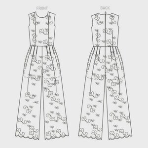 以下が含まれることがあります： ノースリーブのジャンプスーツの線画、前面と背面図。 この衣服は、丸いネックライン、フィットしたボディス、ワイドレッグパンツが特徴です。 生地は花のモチーフで模様が付けられています。 パンツの裾はスカラップエッジになっています。