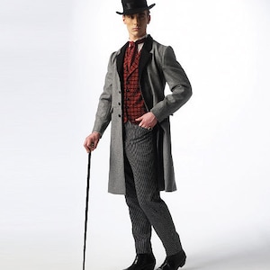 May include: A formal outfit featuring a gray overcoat with black trim, a red plaid vest, and gray patterned trousers. The ensemble includes a black top hat, black boots, and a walking stick. The outfit is a classic, vintage style.