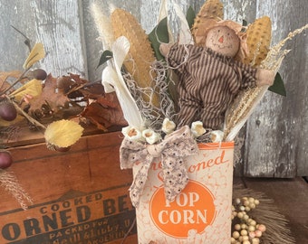 Primitive Scarecrow in Vintage Popcorn Container, Fall, Halloween, Décor