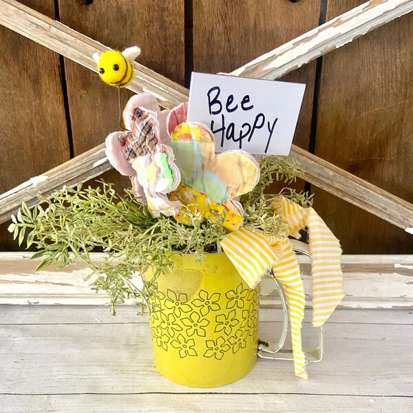 Quilt Flowers and Felt Bees in an Vintage Flour Sifter Arrangement