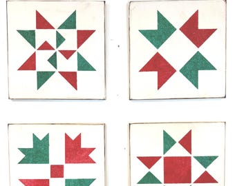 Made-to-Order Barn Quilt:  10" x 10", White with Red and Green Stencil, Shelf Sitter, Christmas