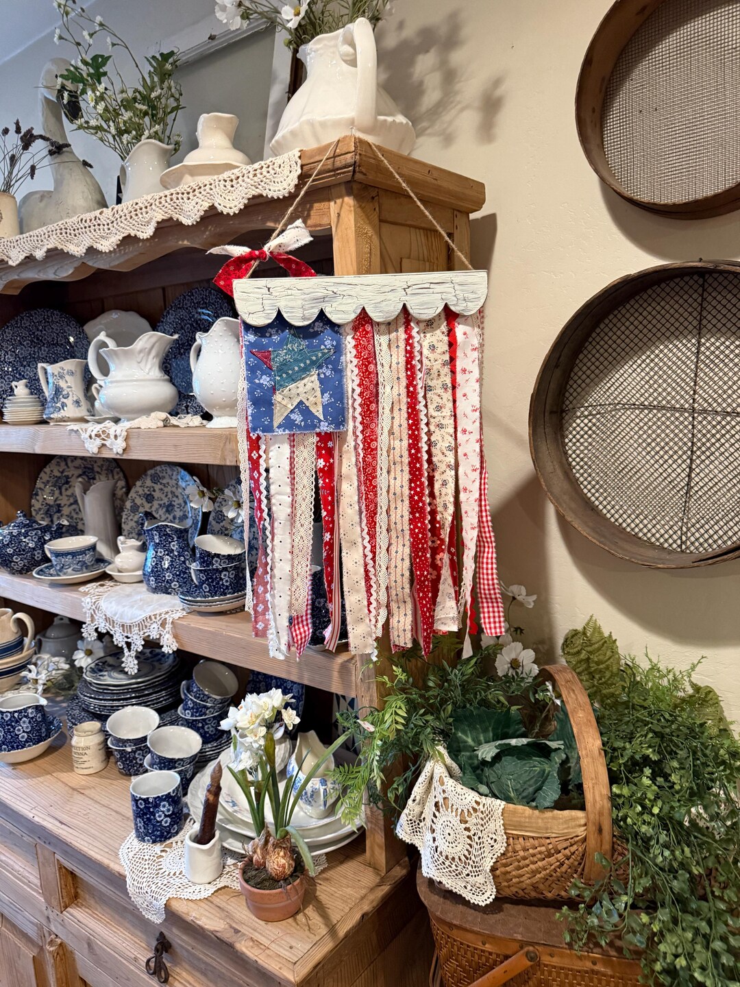 LARGE American Rag Flag, Patriotic, 4th of July, Lace, Floral ...