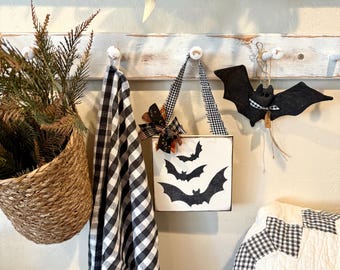 Bat Halloween Hanging Wood Sign, Fall, Flying Bats, Spooky Decor