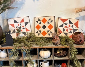 Made-to-Order Barn Quilt Block: White with Orange and Black Stencil, 6" x 6", Individual, Halloween, Rustic Shelf Sitter, Wall Decor