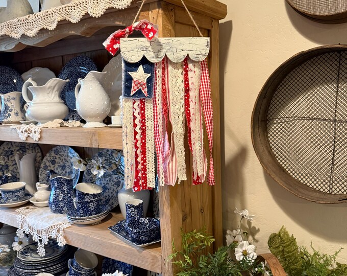 SMALL American Rag Flag, Patriotic, 4th of July, Lace, Floral ...